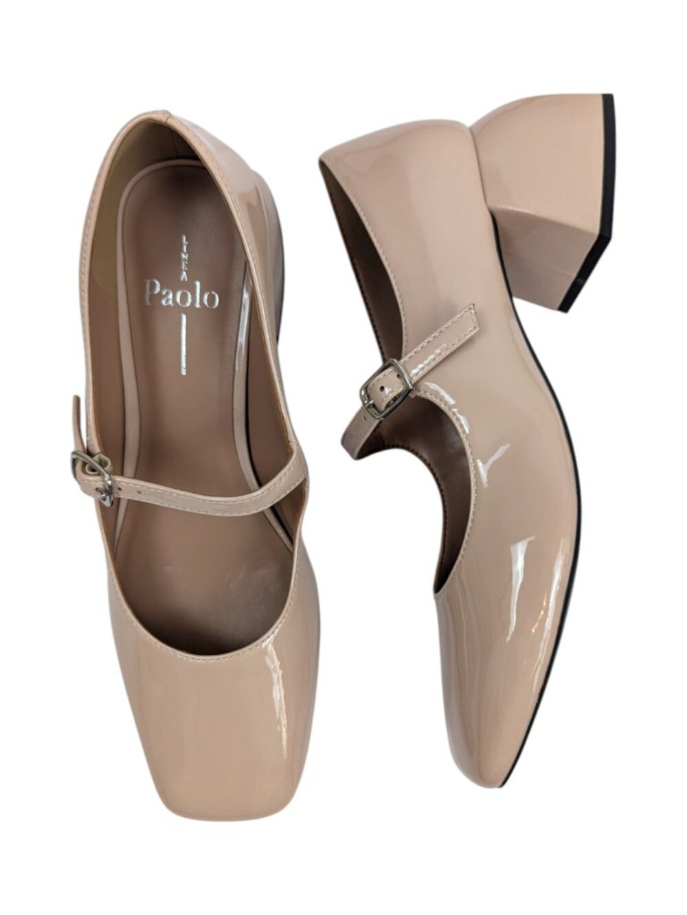 LINEA Paolo Nude Maryjanes Block Heel Shoes Patent Leather Monroe Beige Size 7 - Picture 2 of 13